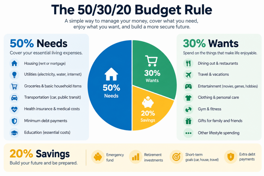 50/30/20 budget rule needs wants savings breakdown
