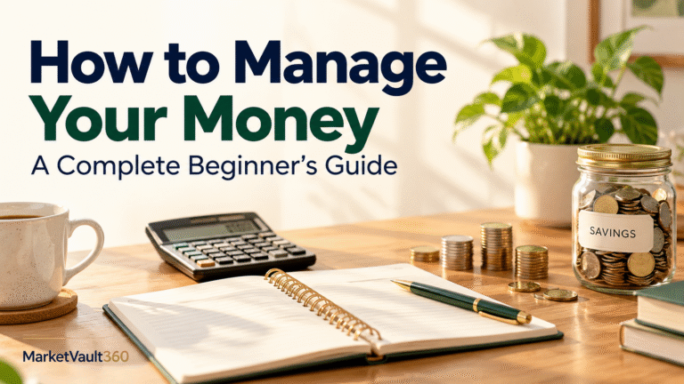 How to Manage Your Money: A Complete Beginner’s Guide, with a notebook, calculator, and savings jar.