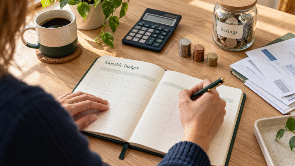Person planning a monthly budget with a notebook, calculator, and savings jar.