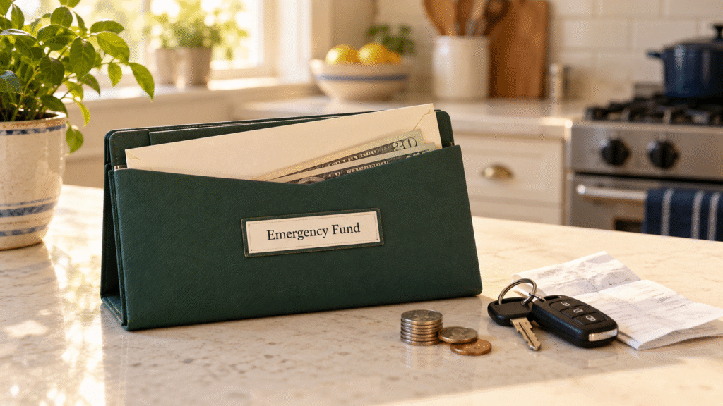 Emergency fund folder with cash, car keys, and a repair receipt.