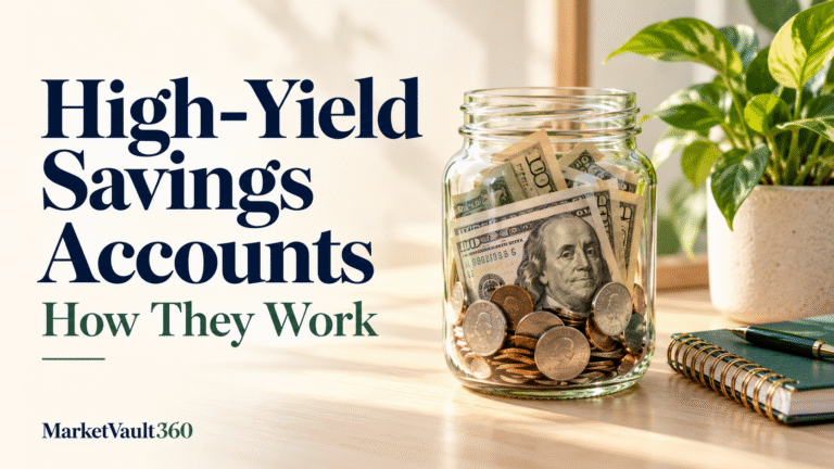 High-yield savings accounts guide cover featuring a glass jar filled with dollar bills and coins.