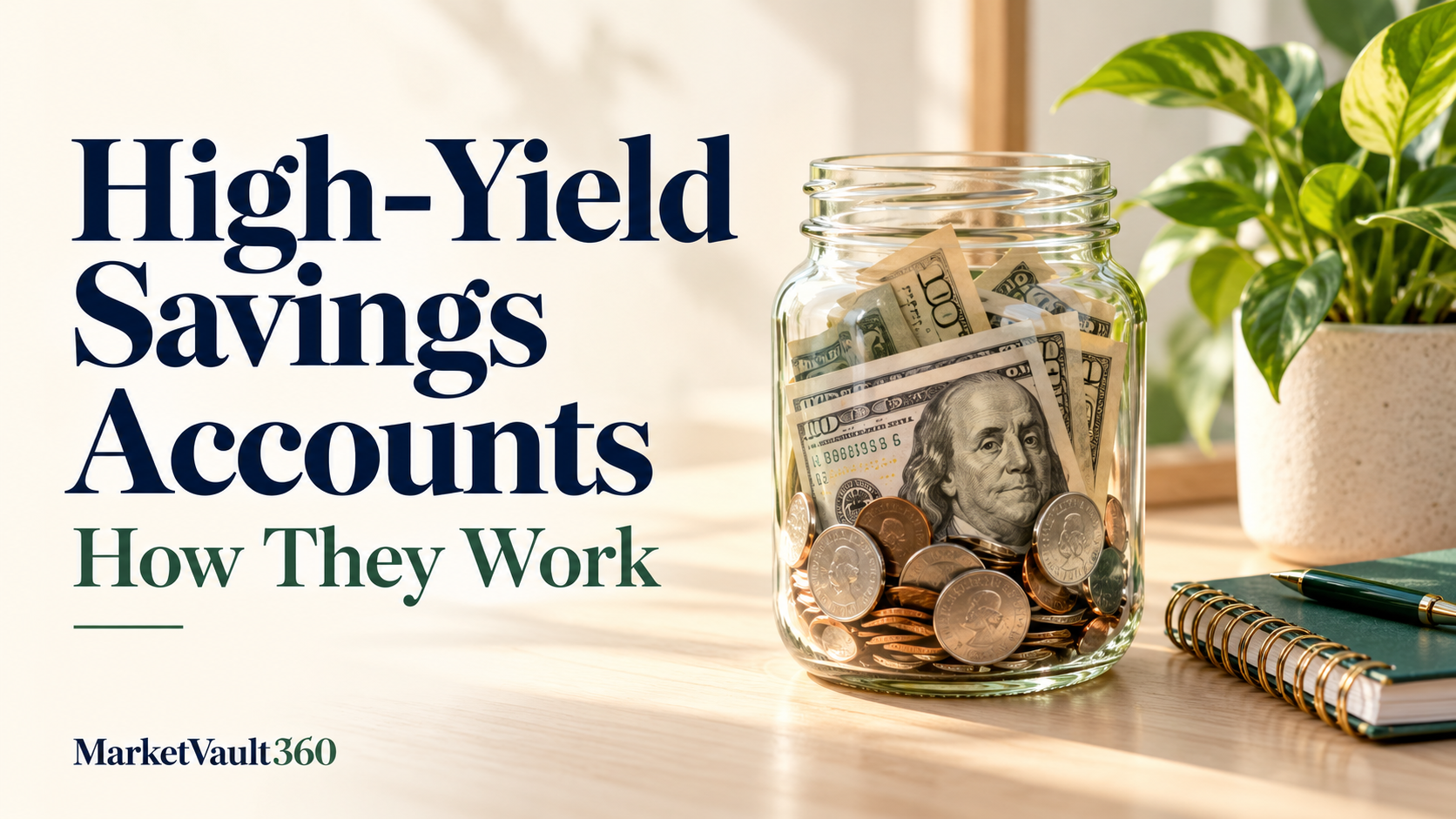 High-yield savings accounts guide cover featuring a glass jar filled with dollar bills and coins.