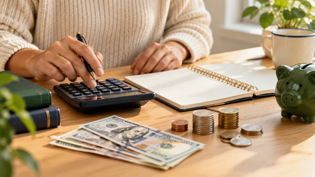 Person using a calculator beside a notebook, dollar bills, and stacks of coins.