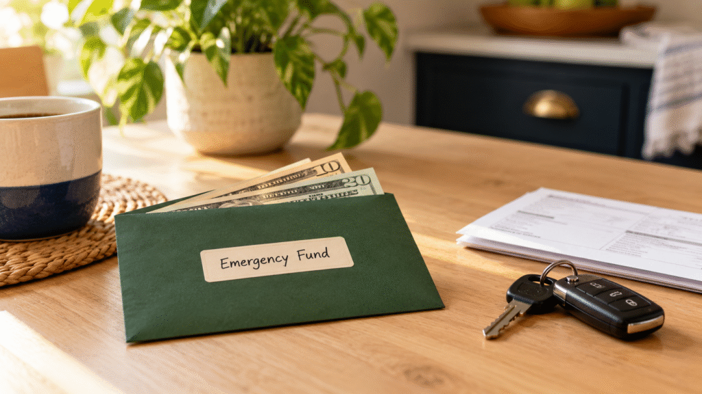Green emergency fund envelope holding cash beside car keys and a household bill.