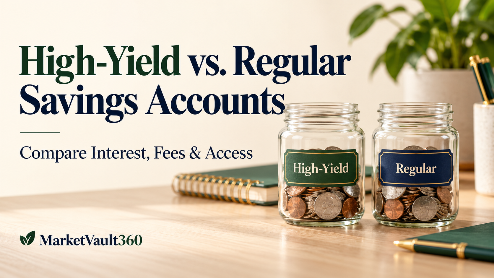 High-yield vs. regular savings account comparison cover with two labeled jars containing coins.