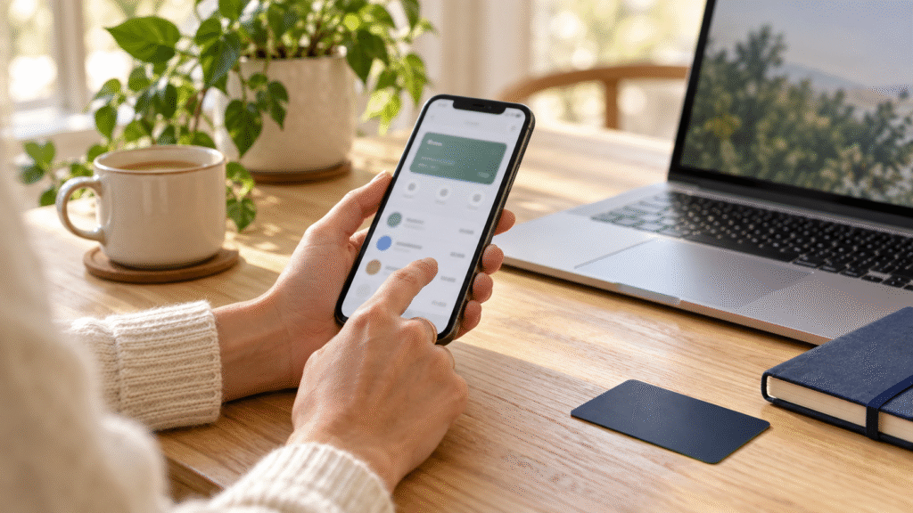 Accessing Savings Through Mobile Banking Person using a mobile banking app beside a laptop and bank card.