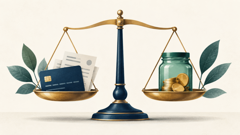 Balance scale with a credit card and savings jar illustrating whether to pay off debt or save money first.