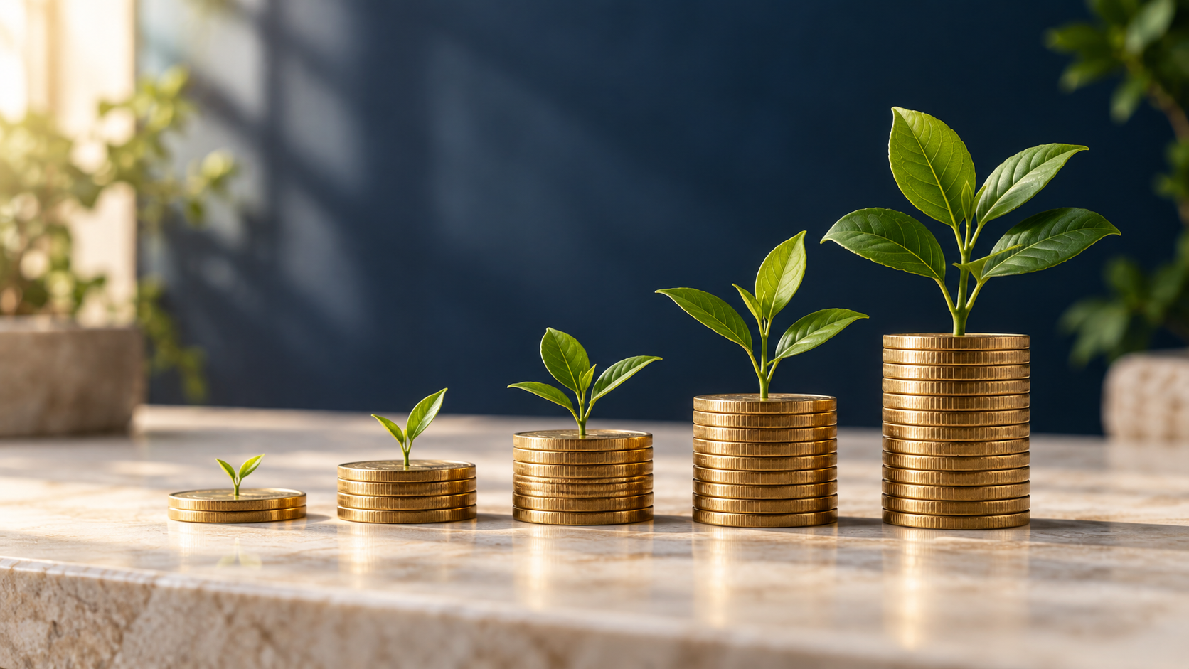 Increasing coin stacks with growing plants illustrating compound interest over time