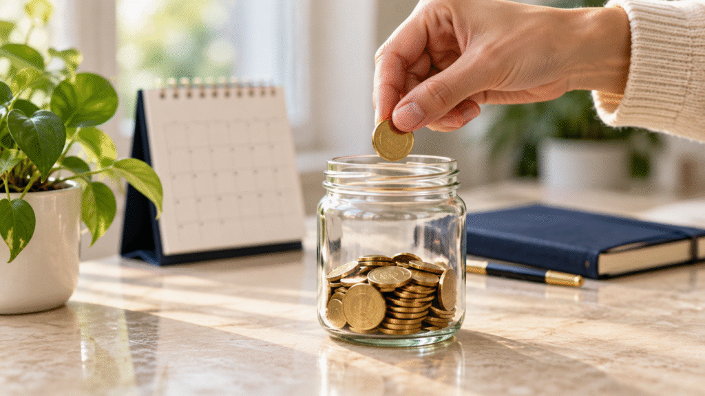 Clock beside a growing plant and coin stacks representing time and savings growth