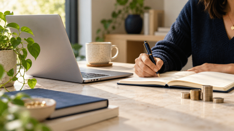 Beginner planning how to start investing with a laptop, notebook, and coin stacks