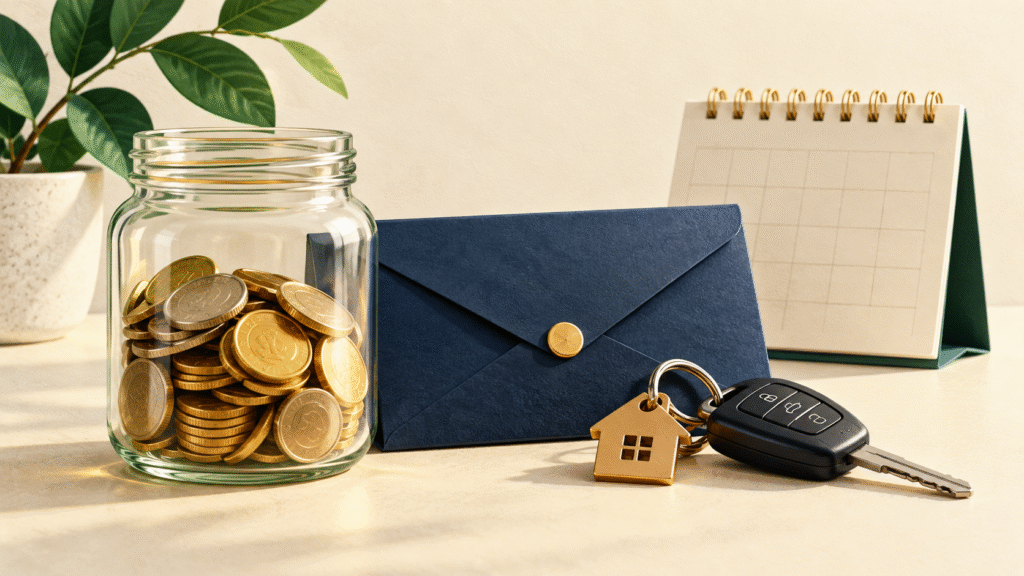 emergency-savings-short-term-goals Savings jar beside car keys, an envelope, and a calendar representing emergency savings and near-term expenses.