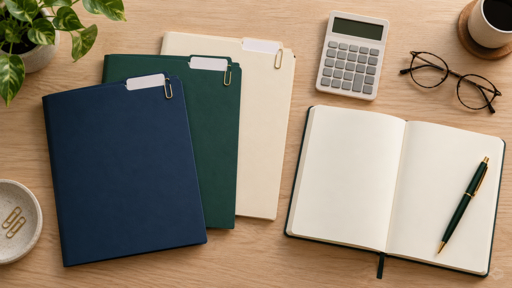 Folders, calculator, and notebook arranged for comparing investment account options