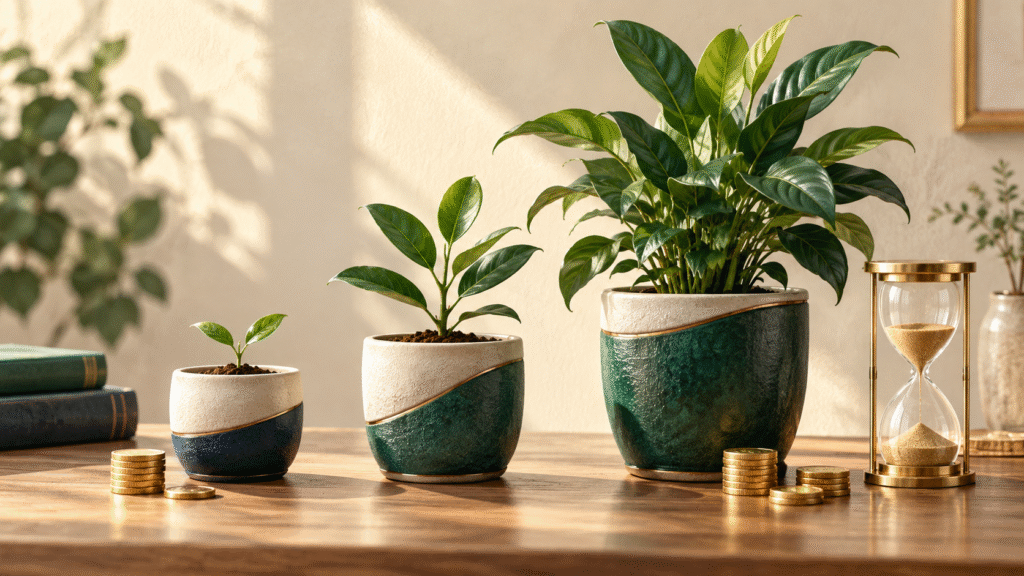 long-term-investing-compound-growth Plants at three growth stages beside coins and an hourglass, symbolizing long-term investing and compounding.