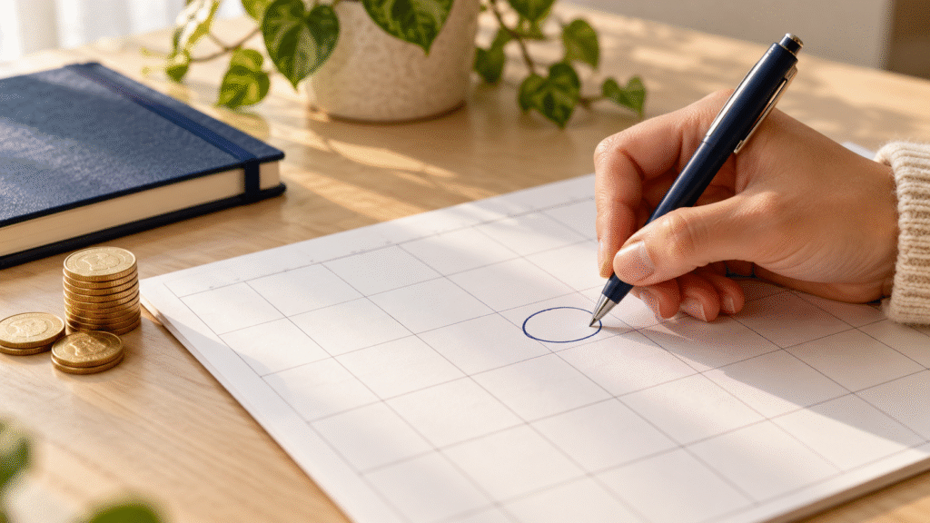 Hand marking a calendar beside coins to plan regular monthly investments