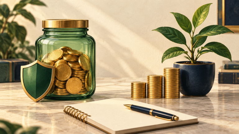 Saving vs. investing illustrated by a protected savings jar beside coin stacks and a growing plant.