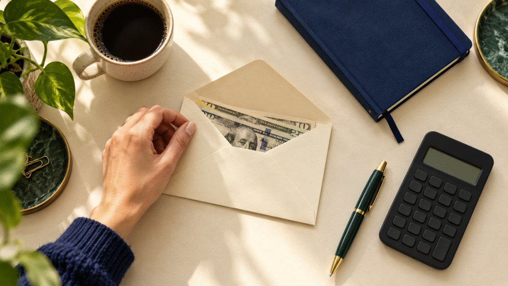 emergency-savings-before-investing.png Hand holding an envelope of emergency cash beside a notebook and calculator