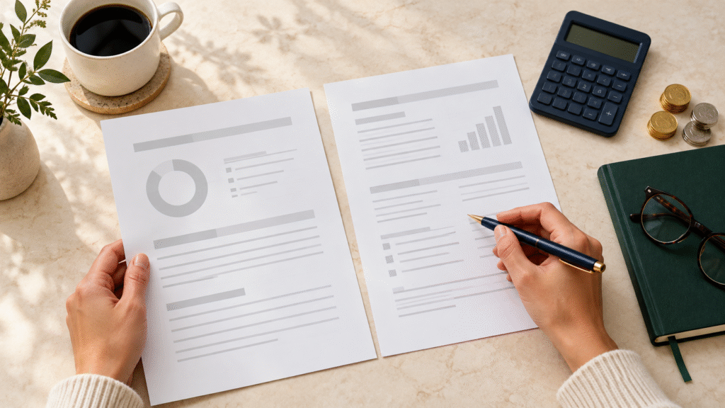etf-costs-comparison Person comparing investment documents beside a calculator to review ETF costs