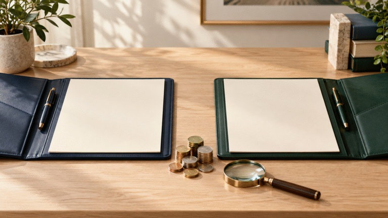 Two document portfolios with coins and a magnifying glass illustrating an ETF vs. index fund comparison