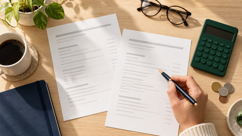 Person comparing investment documents with a calculator to review fund costs