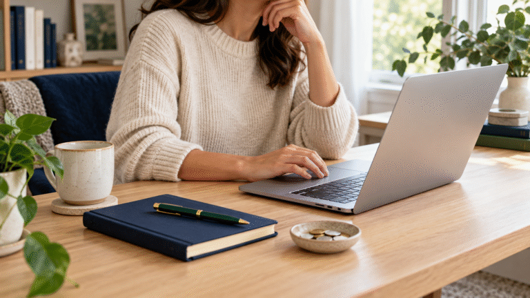 Person using a laptop at a home desk with a notebook and coins