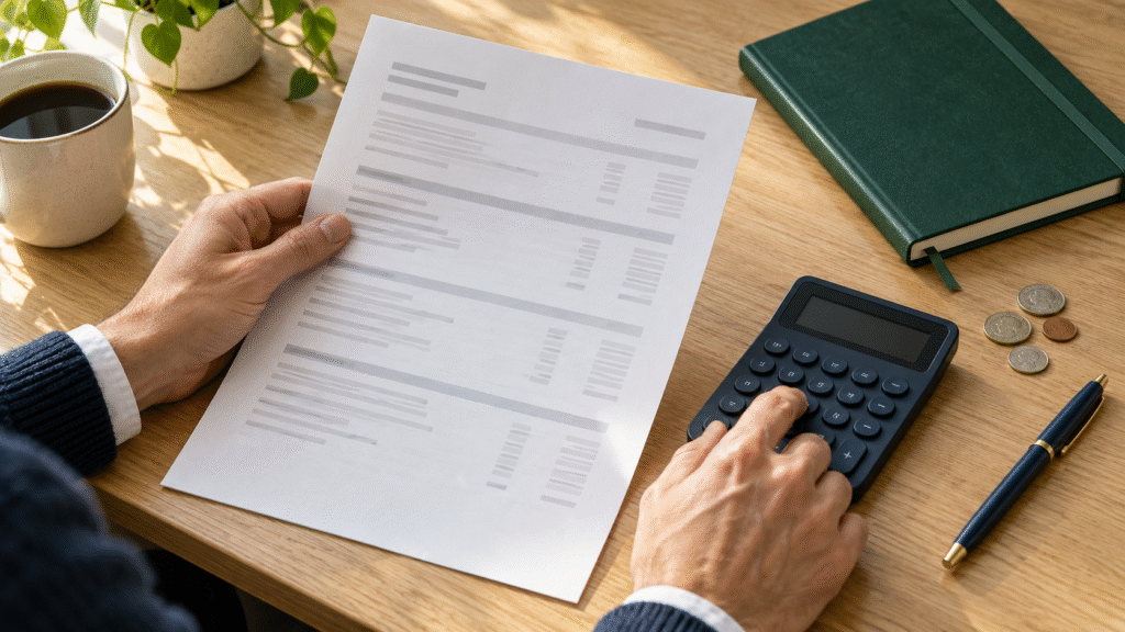 Person reviewing an account statement with a calculator to check brokerage fees