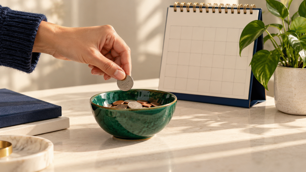 1. regular-investing-contributions.png Hand adding a coin to a green bowl beside a calendar to illustrate regular contributions