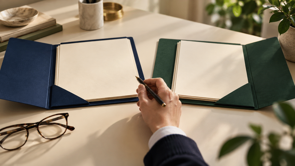 Person comparing two document folders representing brokerage account options