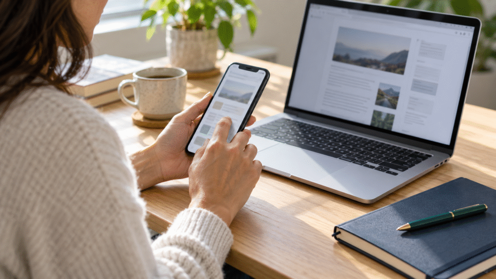 etf-investment-research Person researching online with a smartphone and laptop at a home desk