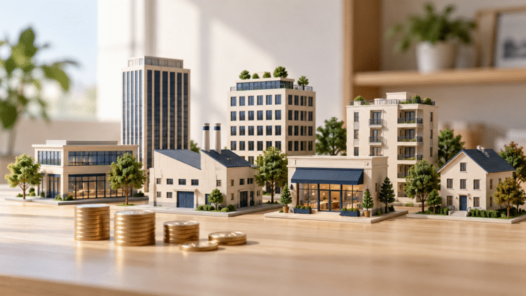 Miniature business buildings and coins illustrating diversified index fund investing