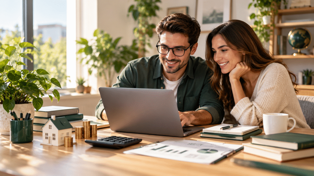 Couple planning their personal finances using a laptop, calculator and savings charts