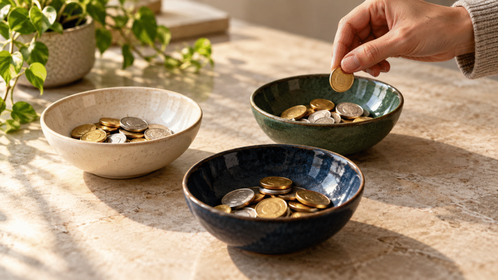 investment-diversification Coins spread across three bowls illustrating investment diversification
