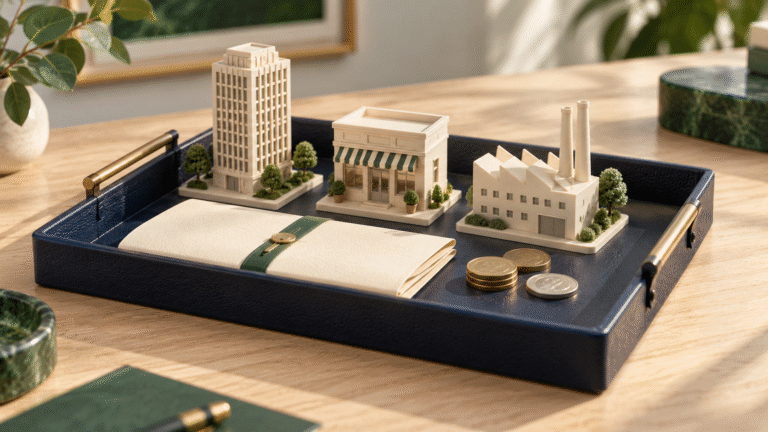 Miniature businesses and coins grouped in a tray illustrating an ETF investment portfolio